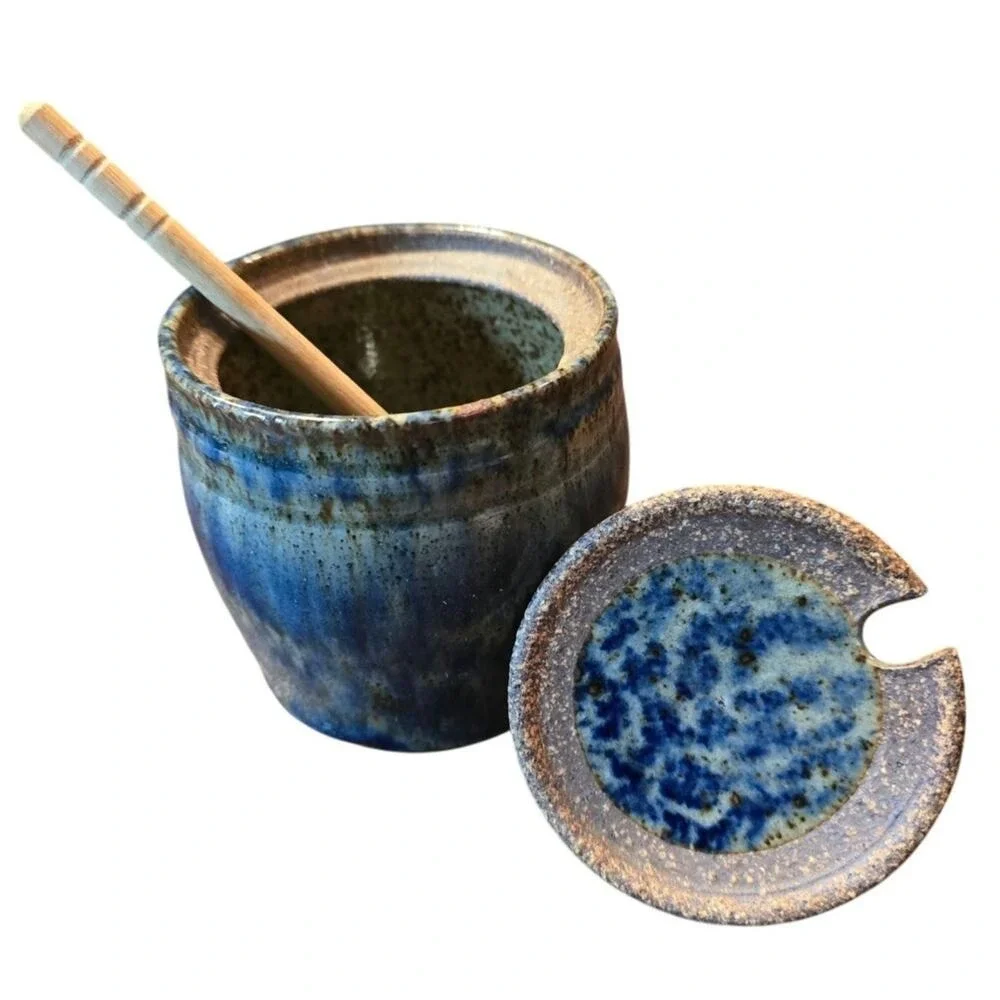 Blue Glaze Signed Pam Snyder‎ Studio Art Pottery Honey Pot with Lid & Wood Wand